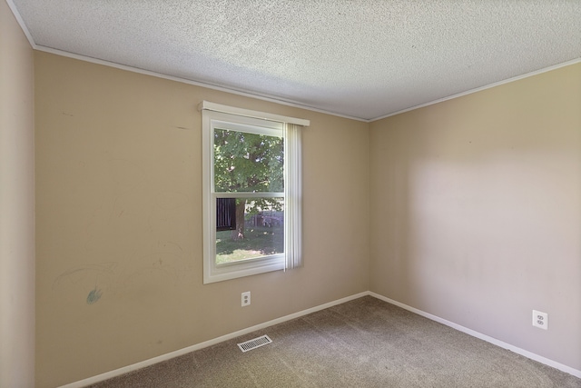 carpeted spare room with a textured ceiling and ornamental molding