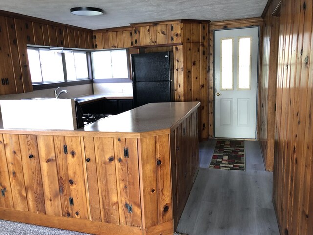 589 E Sidney Rd, Stanton, MI 48888 - kitchen with freestanding refrigerator, plenty of natural light, wood finished floors, and brown cabinetry