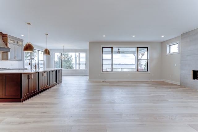 kitchen featuring a fireplace, a healthy amount of sunlight, decorative light fixtures, and light wood-type flooring