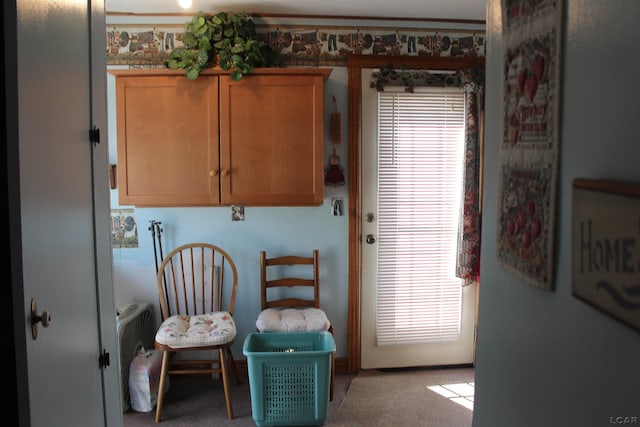 living area with light colored carpet