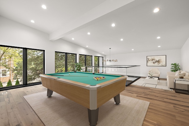 rec room with lofted ceiling with beams, light hardwood / wood-style floors, and pool table