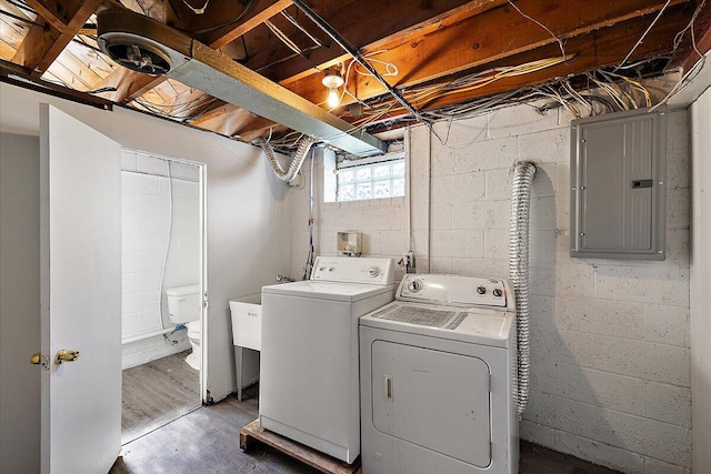 laundry room with washer and dryer and electric panel