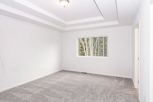 carpeted spare room with a tray ceiling