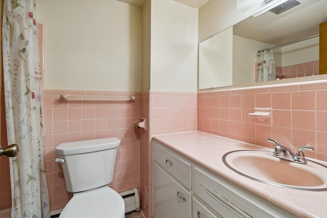 bathroom featuring vanity, a shower with shower curtain, toilet, tile walls, and a baseboard radiator