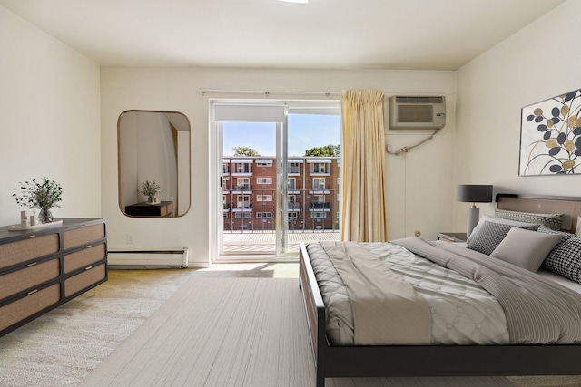 carpeted bedroom featuring access to outside, a baseboard radiator, and an AC wall unit