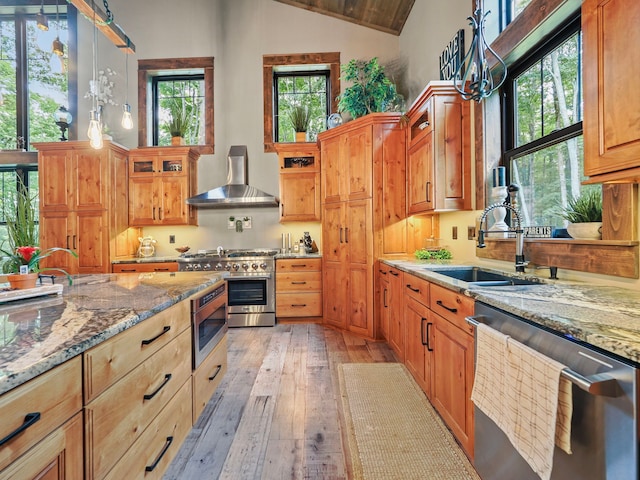 kitchen featuring sink, light wood-type flooring, appliances with stainless steel finishes, pendant lighting, and wall chimney range hood