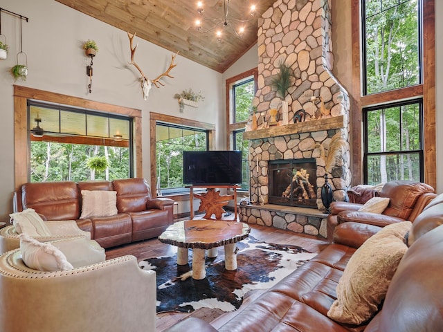 living room featuring wood-type flooring, a chandelier, high vaulted ceiling, wooden ceiling, and a fireplace