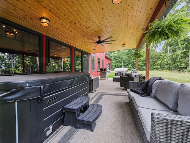 view of patio / terrace featuring an outdoor living space, ceiling fan, and a grill