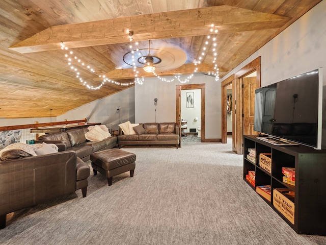 living room with lofted ceiling with beams, carpet, and wood ceiling