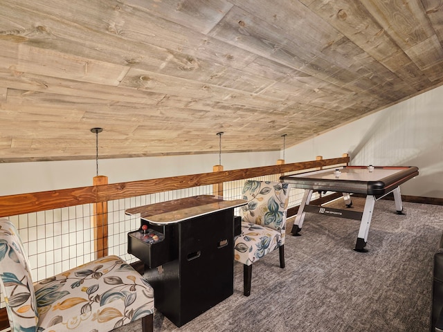 rec room with dark colored carpet, lofted ceiling, and wooden ceiling