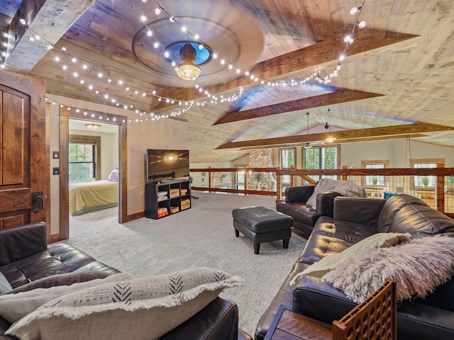 living room with carpet floors, wood ceiling, plenty of natural light, and lofted ceiling with beams