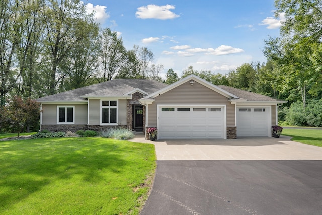 single story home with a front yard and a garage