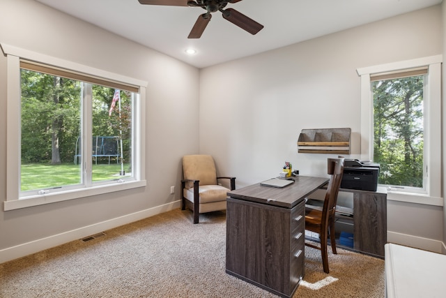 carpeted office space featuring a wealth of natural light and ceiling fan