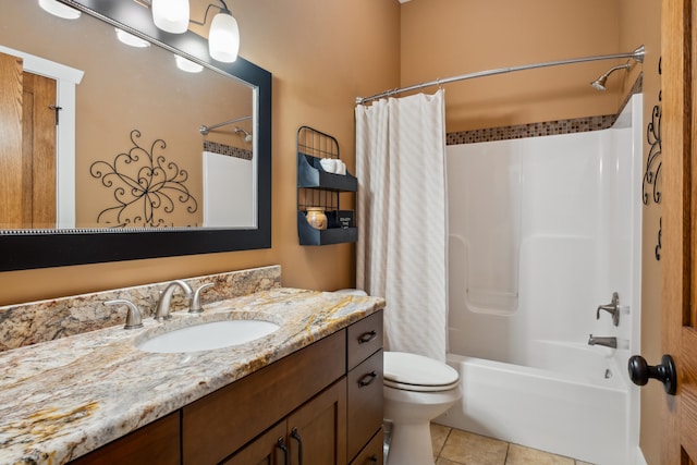 full bathroom with tile patterned floors, vanity, shower / bath combination with curtain, and toilet