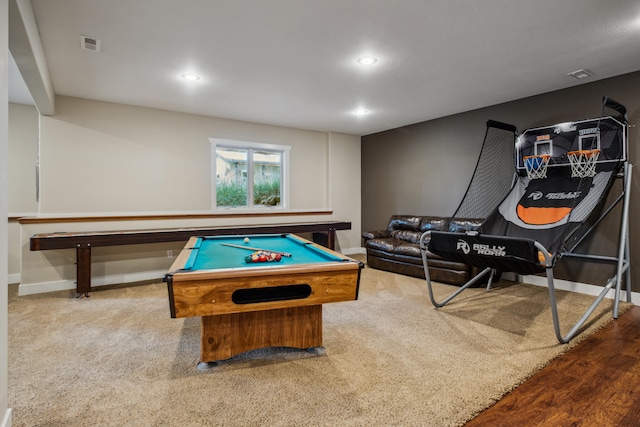 recreation room featuring light hardwood / wood-style flooring and pool table