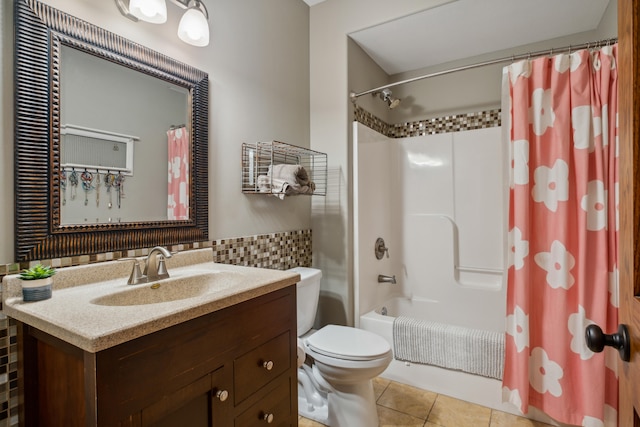 full bathroom with tile patterned flooring, vanity, toilet, and shower / bathtub combination with curtain