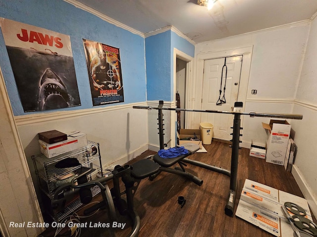 exercise area with dark hardwood / wood-style floors and ornamental molding