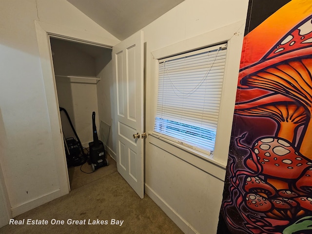 interior space featuring carpet floors and vaulted ceiling