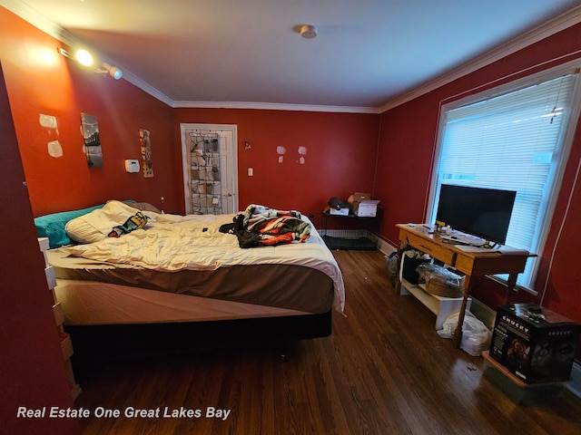 bedroom featuring crown molding and dark wood-type flooring