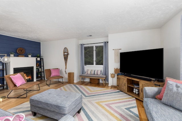 living room with a textured ceiling and light hardwood / wood-style flooring