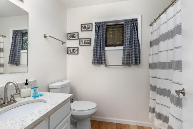 bathroom featuring vanity, curtained shower, toilet, and wood-type flooring