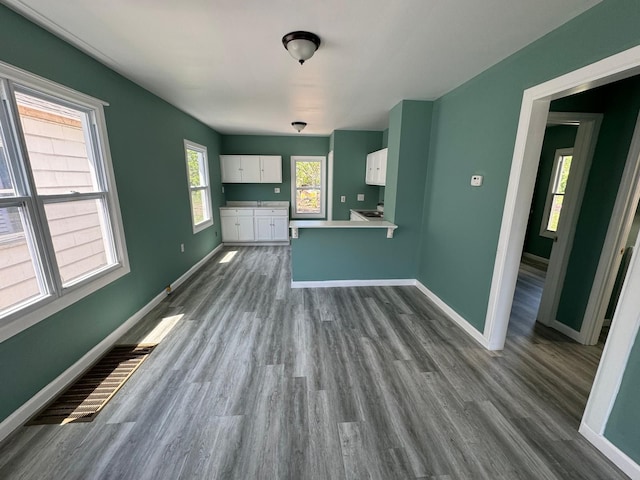 unfurnished living room featuring plenty of natural light and dark wood-type flooring