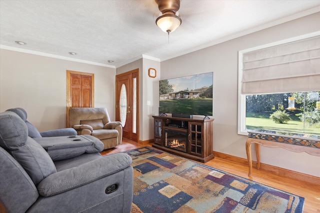 living room with a textured ceiling, ceiling fan, wood-type flooring, and ornamental molding