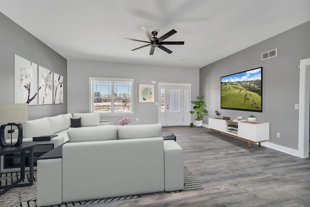 living room with hardwood / wood-style flooring and ceiling fan