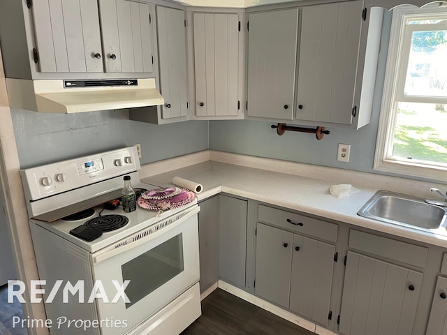 kitchen featuring white range with electric cooktop, sink, a healthy amount of sunlight, and dark hardwood / wood-style flooring