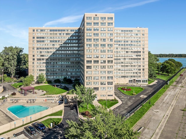 view of building exterior featuring a water view