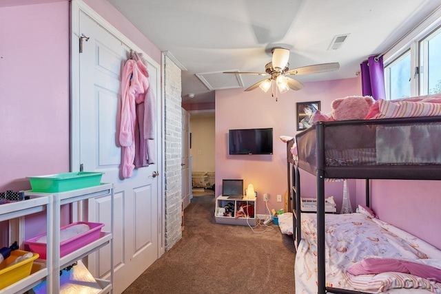 carpeted bedroom featuring ceiling fan