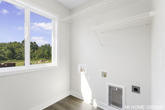 laundry area featuring hookup for an electric dryer, plenty of natural light, dark hardwood / wood-style flooring, and hookup for a washing machine