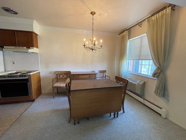 dining room featuring an inviting chandelier, ornamental molding, a baseboard radiator, light colored carpet, and a wall unit AC