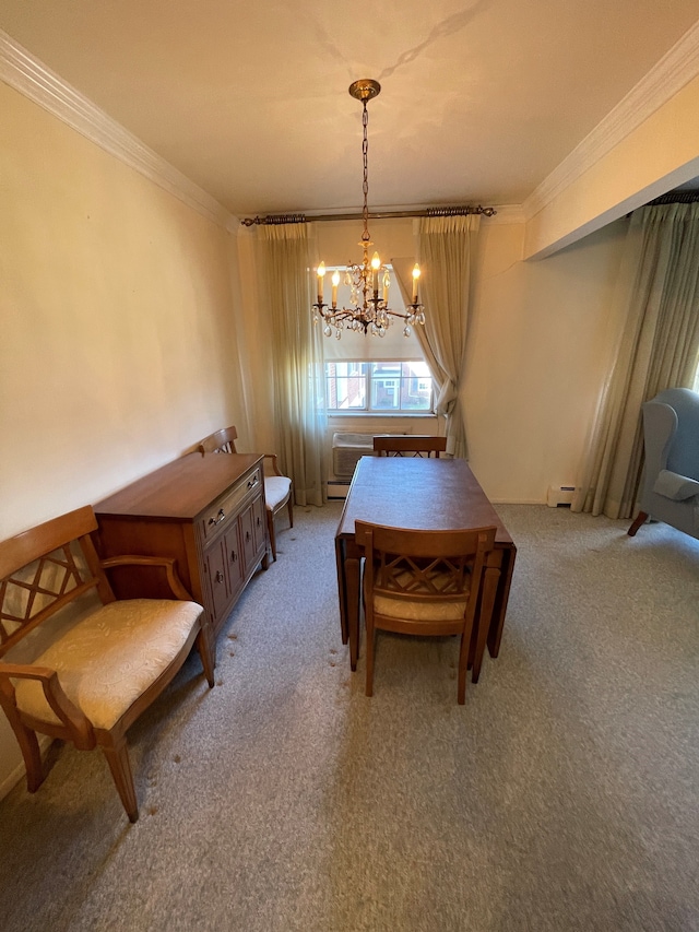 dining area featuring carpet flooring, crown molding, a chandelier, and a baseboard heating unit