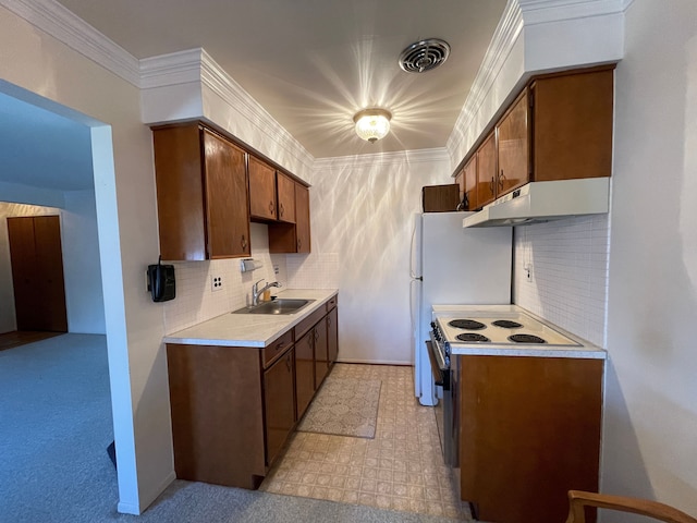 kitchen featuring backsplash, ornamental molding, light colored carpet, sink, and electric range