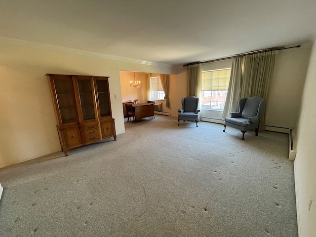 unfurnished room featuring light colored carpet, ornamental molding, baseboard heating, and an inviting chandelier