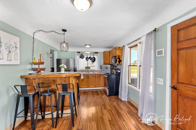 kitchen featuring appliances with stainless steel finishes, light wood-type flooring, decorative light fixtures, and plenty of natural light