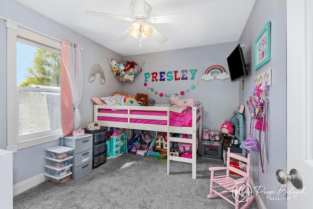 carpeted bedroom featuring ceiling fan