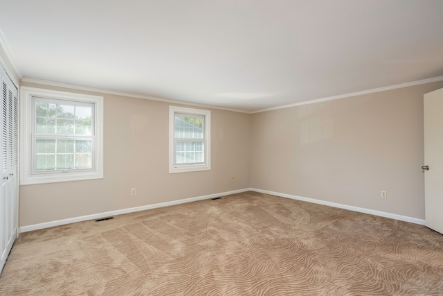 carpeted spare room with plenty of natural light and ornamental molding