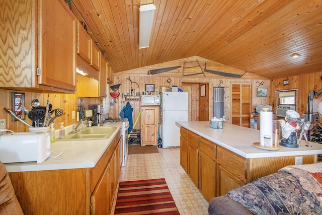 kitchen featuring sink, wooden ceiling, wood walls, vaulted ceiling, and white appliances