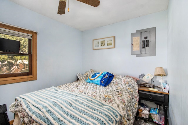 bedroom featuring electric panel and ceiling fan