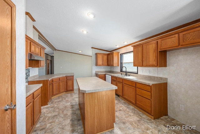 kitchen featuring ornamental molding, a center island, sink, and dishwasher