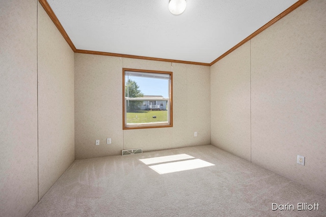 carpeted spare room featuring ornamental molding and a textured ceiling