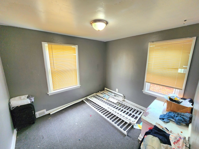 interior space featuring dark colored carpet