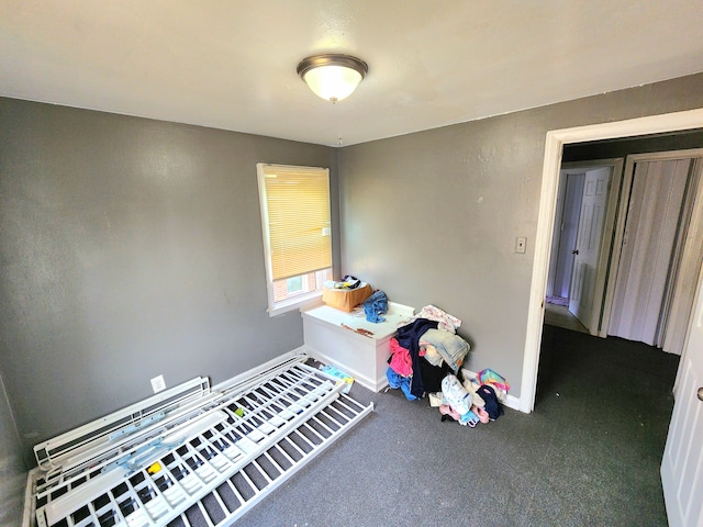 miscellaneous room with dark colored carpet