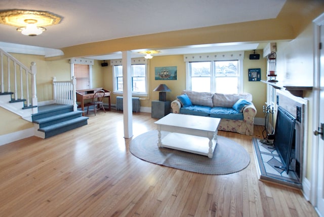 living room with radiator heating unit and light hardwood / wood-style floors