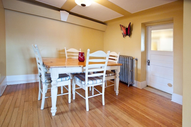 dining space with radiator heating unit and light hardwood / wood-style flooring