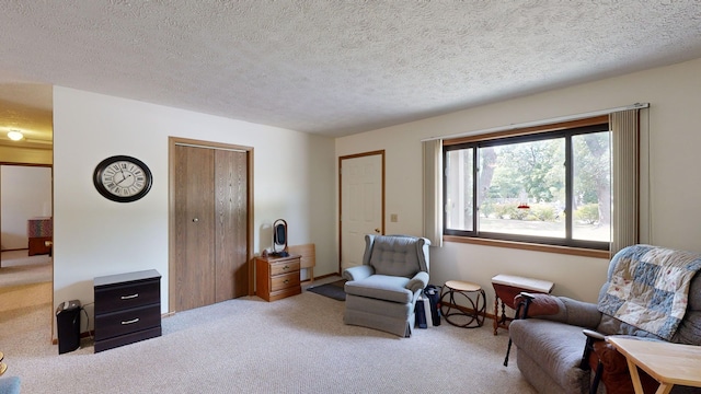 sitting room featuring light colored carpet and a textured ceiling