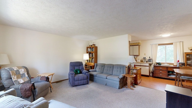 carpeted living room with a textured ceiling