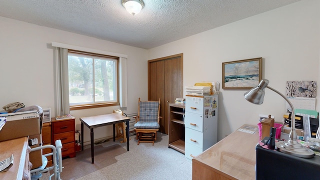 carpeted office space featuring a textured ceiling